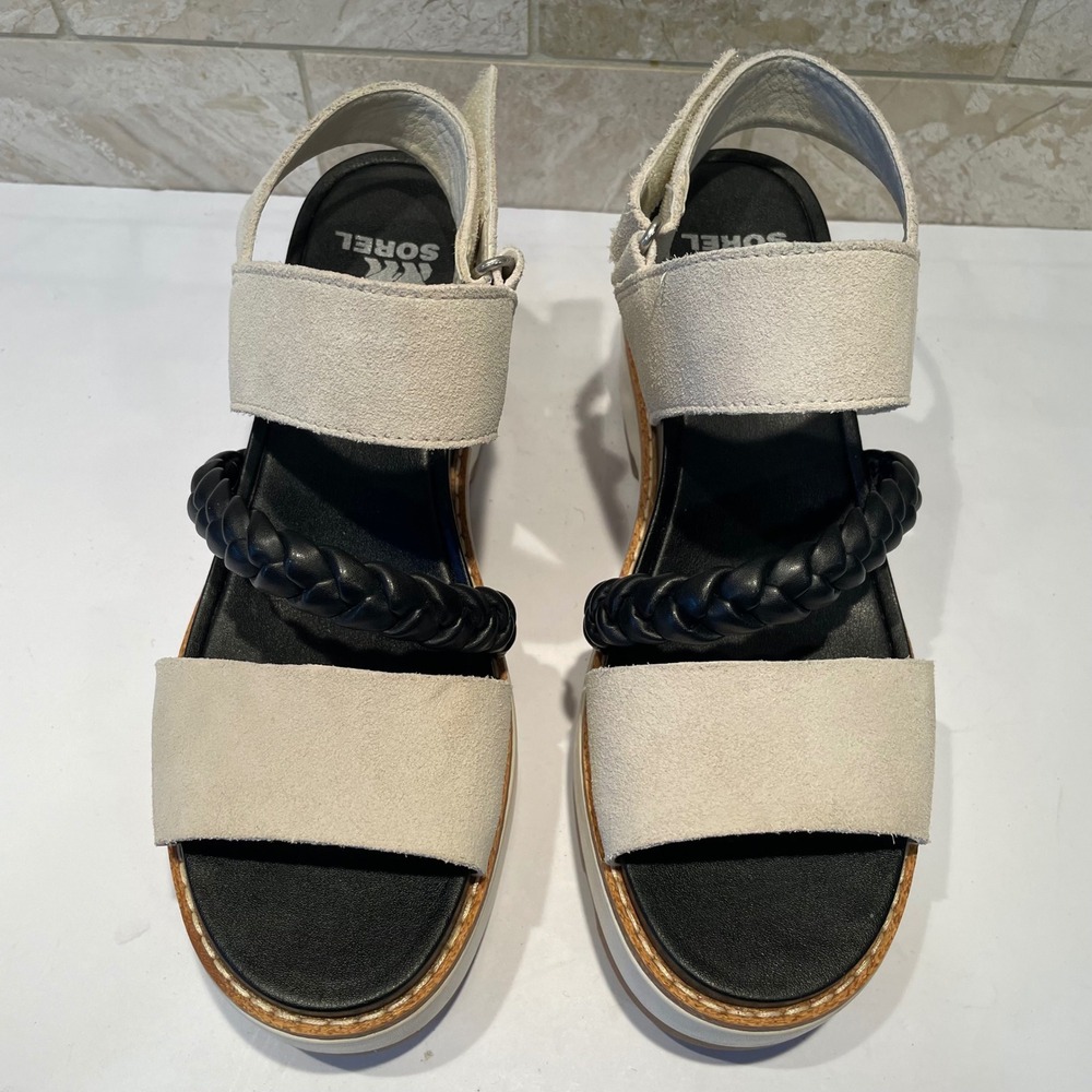 Sorel Joanie IV Slingback Wedge Sandal Sea Salt‎ Black Braided Platform Size 6.5 - Picture 2 of 8